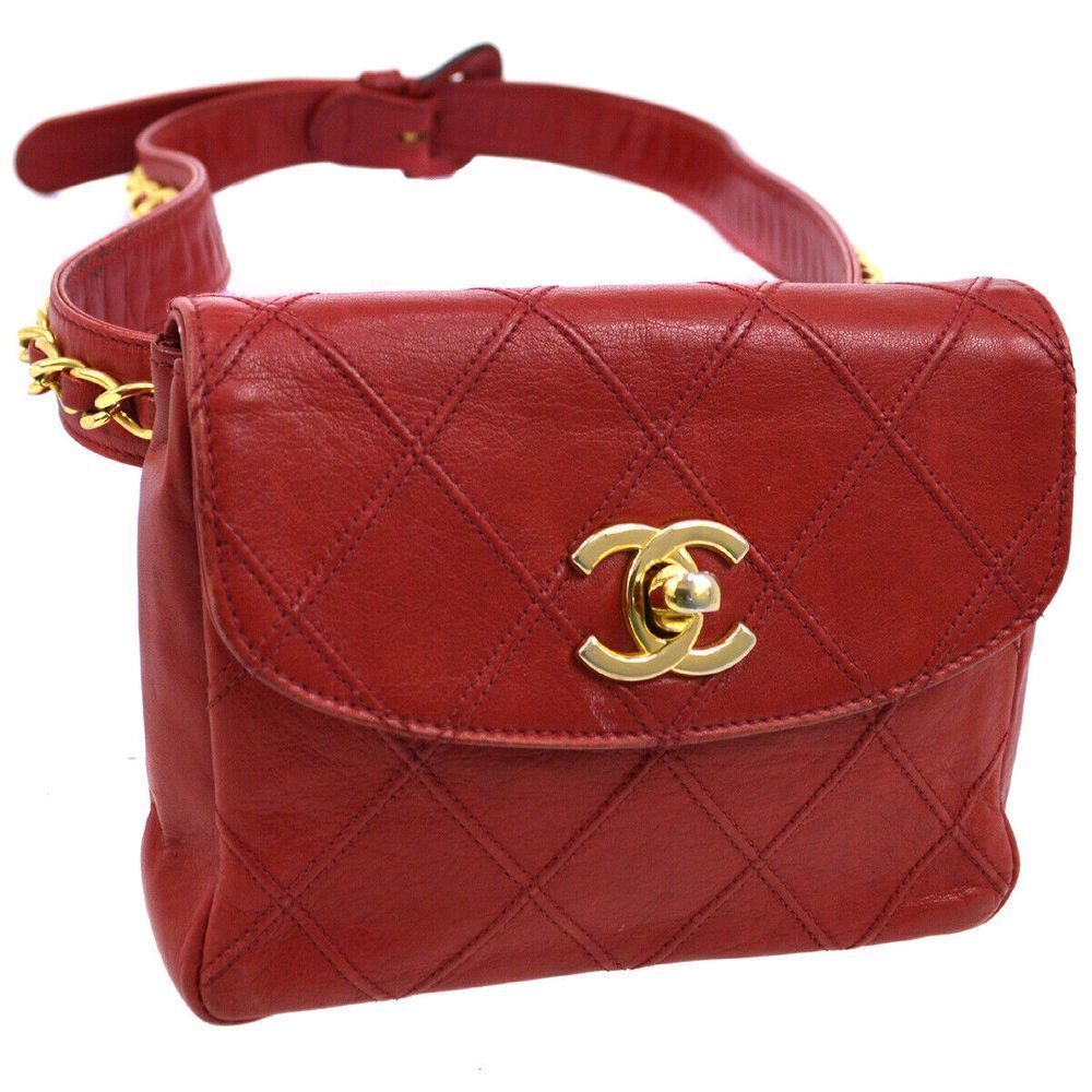 CHANEL Waist Bum Bag Purse Pouch Red Leather